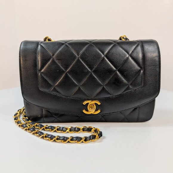 CHANEL Handbags - Chanel Vintage Black Medium Diana Quilted Lambskin Flap Bag